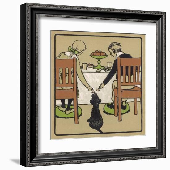 Little Black Dog Sits Patiently While a Boy and a Girl Hand Him Nice Things to Eat from the Table-Cecil Aldin-Framed Art Print