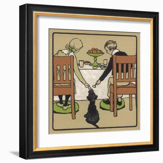 Little Black Dog Sits Patiently While a Boy and a Girl Hand Him Nice Things to Eat from the Table-Cecil Aldin-Framed Art Print