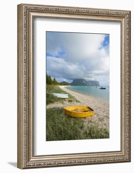 Little Boats Lying in the Grass in Front of Mount Lidgbird and Mount Gower in the Background-Michael Runkel-Framed Photographic Print