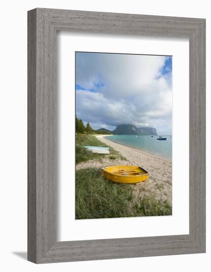 Little Boats Lying in the Grass in Front of Mount Lidgbird and Mount Gower in the Background-Michael Runkel-Framed Photographic Print