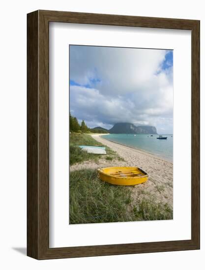Little Boats Lying in the Grass in Front of Mount Lidgbird and Mount Gower in the Background-Michael Runkel-Framed Photographic Print