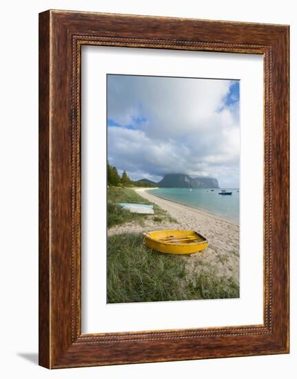 Little Boats Lying in the Grass in Front of Mount Lidgbird and Mount Gower in the Background-Michael Runkel-Framed Photographic Print