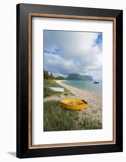 Little Boats Lying in the Grass in Front of Mount Lidgbird and Mount Gower in the Background-Michael Runkel-Framed Photographic Print