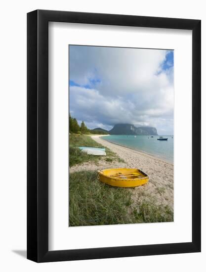 Little Boats Lying in the Grass in Front of Mount Lidgbird and Mount Gower in the Background-Michael Runkel-Framed Photographic Print