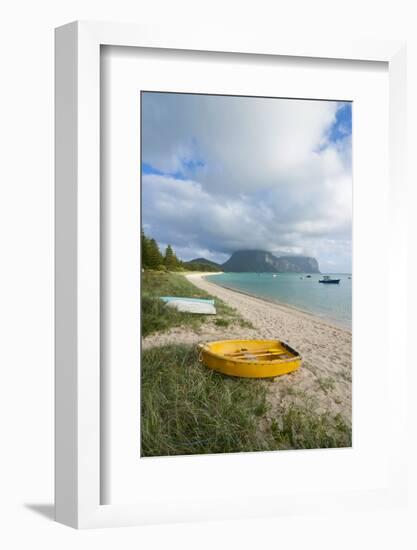 Little Boats Lying in the Grass in Front of Mount Lidgbird and Mount Gower in the Background-Michael Runkel-Framed Photographic Print