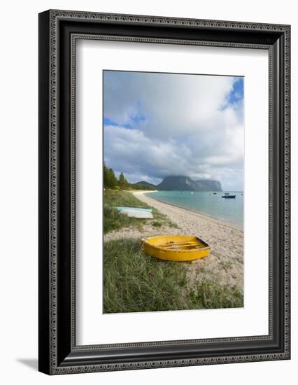 Little Boats Lying in the Grass in Front of Mount Lidgbird and Mount Gower in the Background-Michael Runkel-Framed Photographic Print