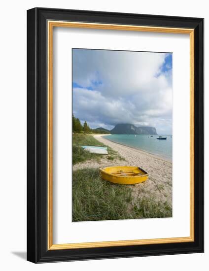 Little Boats Lying in the Grass in Front of Mount Lidgbird and Mount Gower in the Background-Michael Runkel-Framed Photographic Print