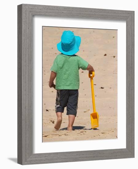 Little Boy and Spade on Beach, Gold Coast, Queensland, Australia-David Wall-Framed Photographic Print