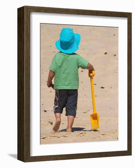Little Boy and Spade on Beach, Gold Coast, Queensland, Australia-David Wall-Framed Photographic Print