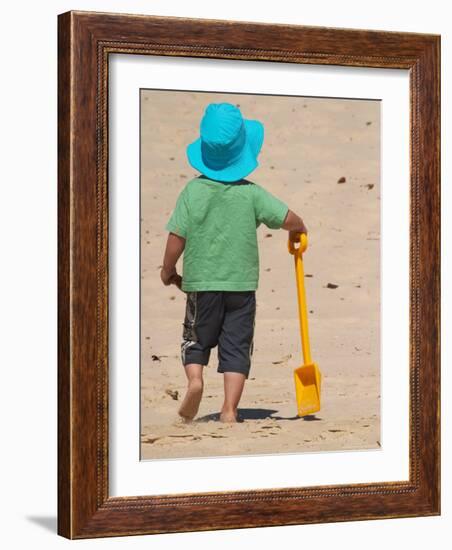 Little Boy and Spade on Beach, Gold Coast, Queensland, Australia-David Wall-Framed Photographic Print