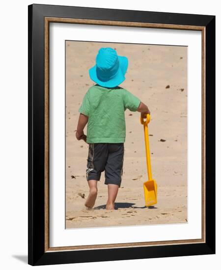 Little Boy and Spade on Beach, Gold Coast, Queensland, Australia-David Wall-Framed Photographic Print