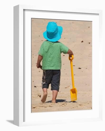 Little Boy and Spade on Beach, Gold Coast, Queensland, Australia-David Wall-Framed Photographic Print