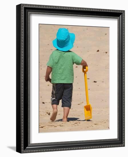 Little Boy and Spade on Beach, Gold Coast, Queensland, Australia-David Wall-Framed Photographic Print