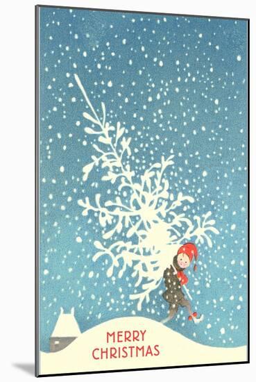 Little Boy Carrying Christmas Tree-null-Mounted Art Print
