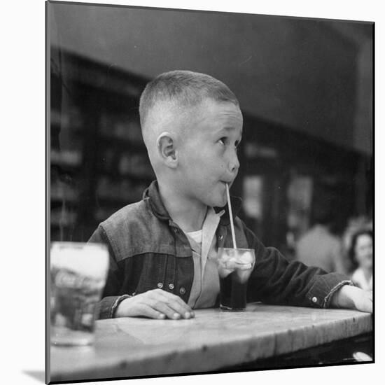 Little Boy Drinking a Soda at a Local Drugstore-Francis Miller-Mounted Photographic Print