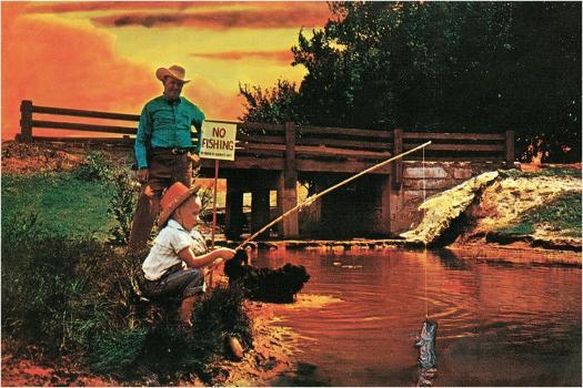 Little Boy Fishing by Sign' Art Print 