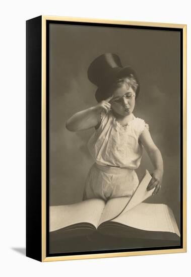 Little Boy in Top Hat Reading Book-null-Framed Stretched Canvas