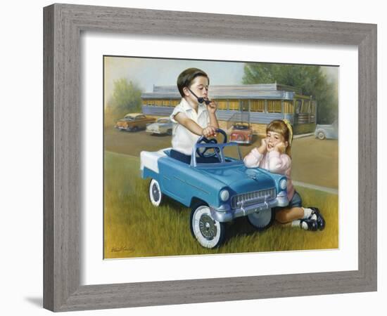 Little Boy in Toy Car with Girl Leaning on it Outside Old Fashioned Diner-David Lindsley-Framed Giclee Print