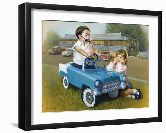 Little Boy in Toy Car with Girl Leaning on it Outside Old Fashioned Diner-David Lindsley-Framed Giclee Print