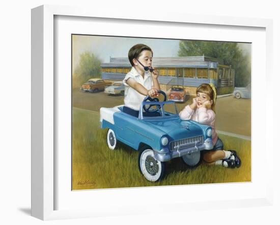 Little Boy in Toy Car with Girl Leaning on it Outside Old Fashioned Diner-David Lindsley-Framed Giclee Print