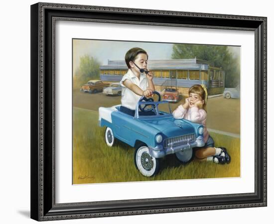 Little Boy in Toy Car with Girl Leaning on it Outside Old Fashioned Diner-David Lindsley-Framed Giclee Print