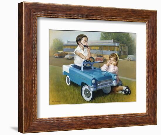 Little Boy in Toy Car with Girl Leaning on it Outside Old Fashioned Diner-David Lindsley-Framed Giclee Print