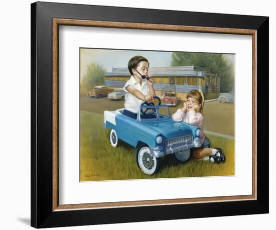 Little Boy in Toy Car with Girl Leaning on it Outside Old Fashioned Diner-David Lindsley-Framed Giclee Print