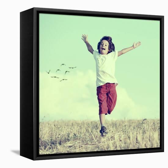 Little Boy Running Feeling Happiness and Freedom-zurijeta-Framed Premier Image Canvas