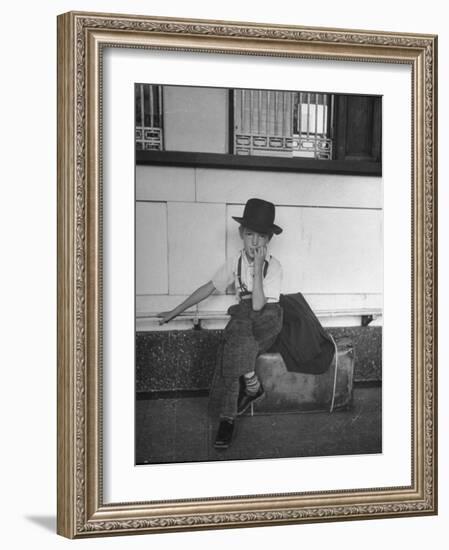 Little Boy Sitting on His Luggage While Waiting For the Train at the Denver Union Station-Sam Shere-Framed Photographic Print