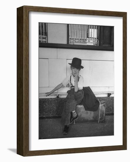 Little Boy Sitting on His Luggage While Waiting For the Train at the Denver Union Station-Sam Shere-Framed Photographic Print