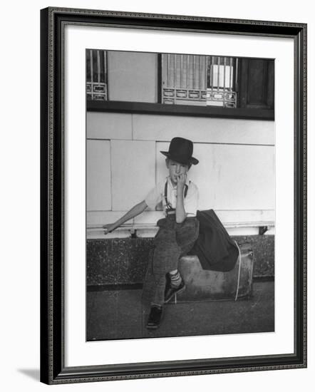 Little Boy Sitting on His Luggage While Waiting For the Train at the Denver Union Station-Sam Shere-Framed Photographic Print