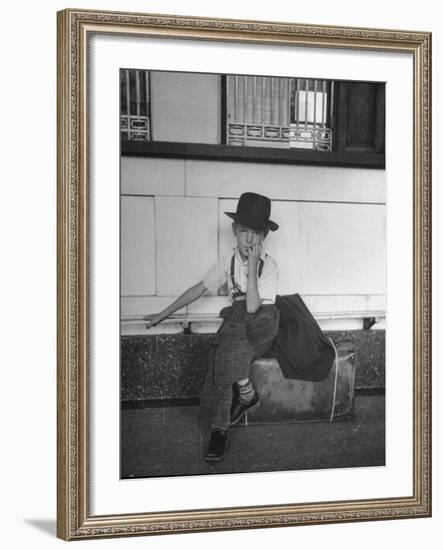 Little Boy Sitting on His Luggage While Waiting For the Train at the Denver Union Station-Sam Shere-Framed Photographic Print