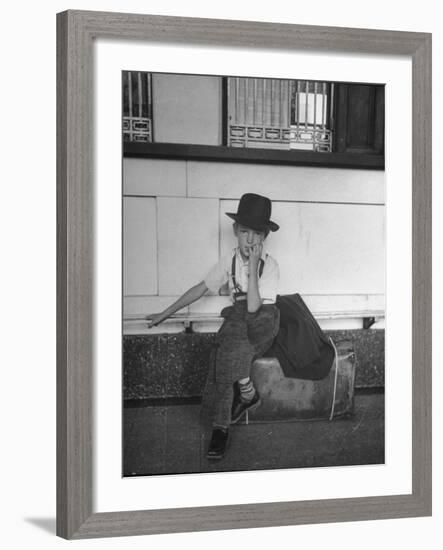 Little Boy Sitting on His Luggage While Waiting For the Train at the Denver Union Station-Sam Shere-Framed Photographic Print