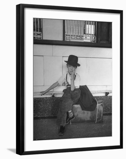 Little Boy Sitting on His Luggage While Waiting For the Train at the Denver Union Station-Sam Shere-Framed Photographic Print