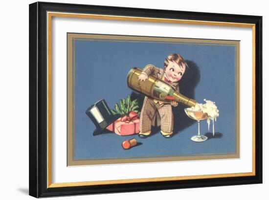 Little Boy with Big Champagne Bottle-null-Framed Art Print