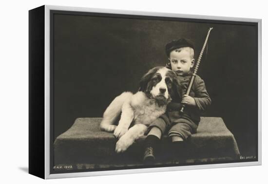 Little boy with dog (b/w photo)-German Photographer-Framed Premier Image Canvas