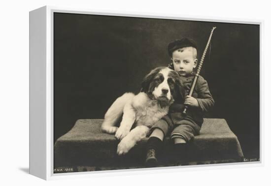 Little boy with dog (b/w photo)-German Photographer-Framed Premier Image Canvas