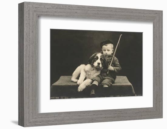 Little boy with dog (b/w photo)-German Photographer-Framed Photographic Print