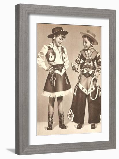 Little Cowboy and Cowgirl in Outfits-null-Framed Art Print