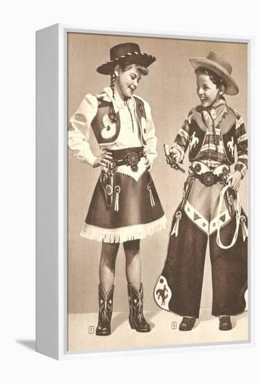 Little Cowboy and Cowgirl in Outfits-null-Framed Stretched Canvas