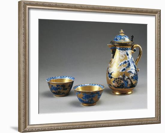 Little Cups and Coffee Pot with Blue Blossoming Branches and Birds on Gold Background-null-Framed Giclee Print