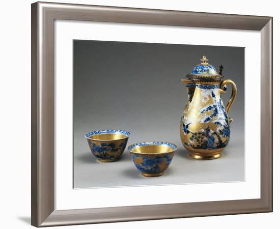 Little Cups and Coffee Pot with Blue Blossoming Branches and Birds on Gold Background-null-Framed Giclee Print