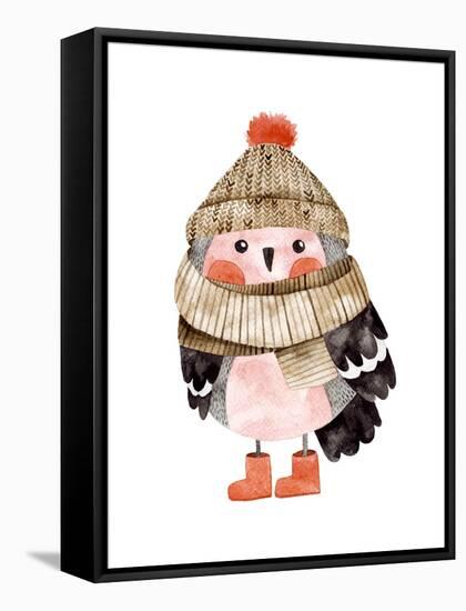 Little Cute Bullfinch with Winter Hat and Scarf.Watercolor Hand Drawn Kids Illustration. Christmas-Maria Sem-Framed Stretched Canvas