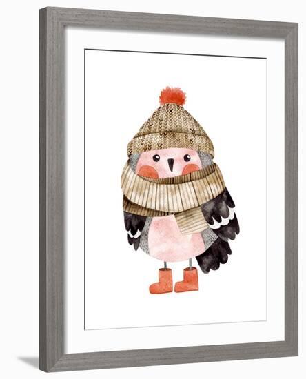 Little Cute Bullfinch with Winter Hat and Scarf.Watercolor Hand Drawn Kids Illustration. Christmas-Maria Sem-Framed Art Print