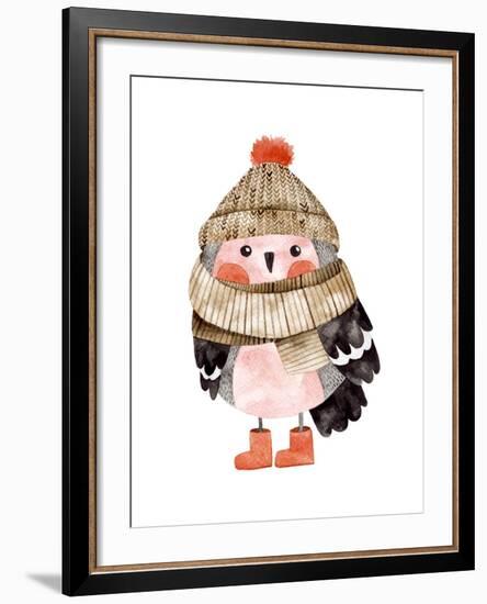 Little Cute Bullfinch with Winter Hat and Scarf.Watercolor Hand Drawn Kids Illustration. Christmas-Maria Sem-Framed Art Print