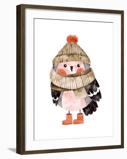 Little Cute Bullfinch with Winter Hat and Scarf.Watercolor Hand Drawn Kids Illustration. Christmas-Maria Sem-Framed Art Print