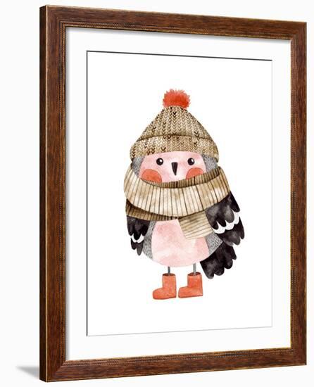 Little Cute Bullfinch with Winter Hat and Scarf.Watercolor Hand Drawn Kids Illustration. Christmas-Maria Sem-Framed Art Print