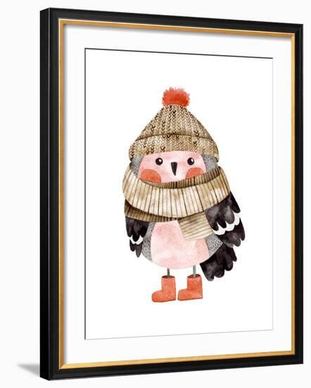 Little Cute Bullfinch with Winter Hat and Scarf.Watercolor Hand Drawn Kids Illustration. Christmas-Maria Sem-Framed Art Print