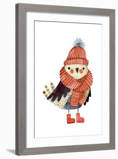 Little Cute Bullfinch with Winter Hat and Scarf.Watercolor Hand Drawn Kids Illustration. Christmas-Maria Sem-Framed Art Print