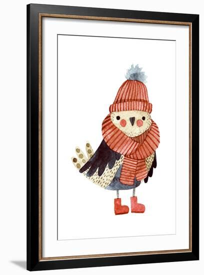 Little Cute Bullfinch with Winter Hat and Scarf.Watercolor Hand Drawn Kids Illustration. Christmas-Maria Sem-Framed Art Print